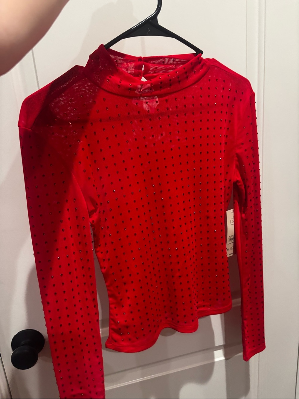 No Boundaries Red Long-Sleeve Studded Mesh Top